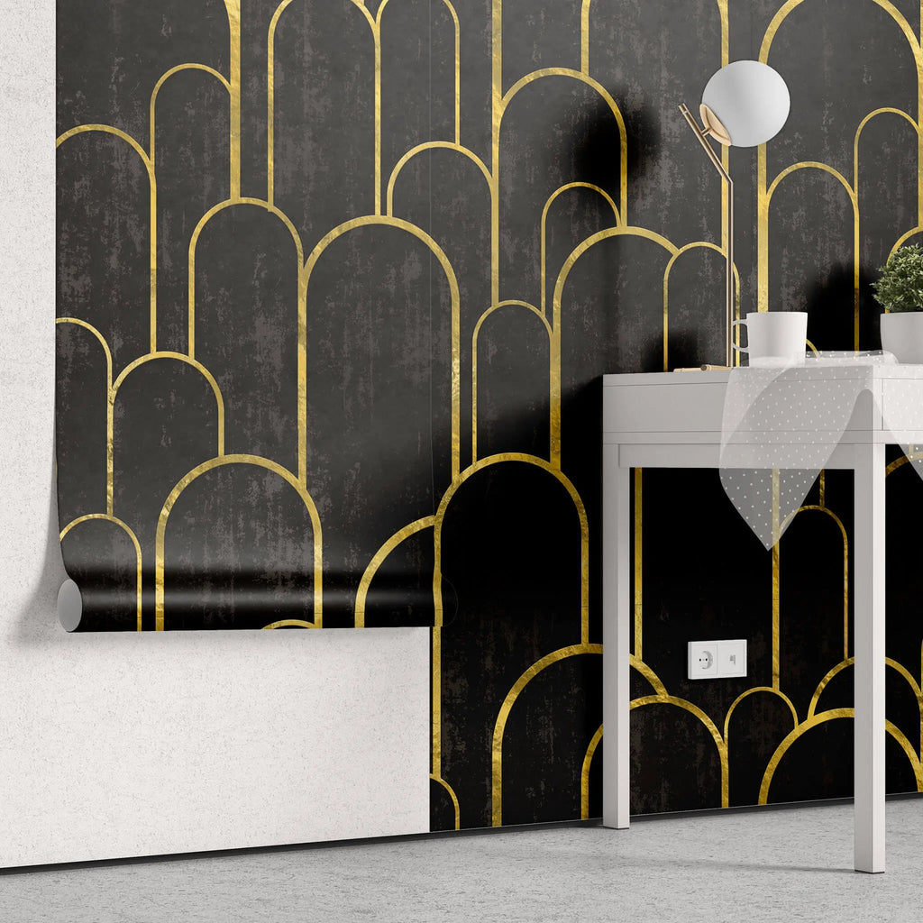 Tapet personalizat art deco cu arcade aurii pe fundal negru texturat in stil art deco golden black arches