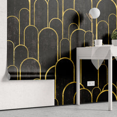 Tapet personalizat art deco cu arcade aurii pe fundal negru texturat in stil art deco golden black arches