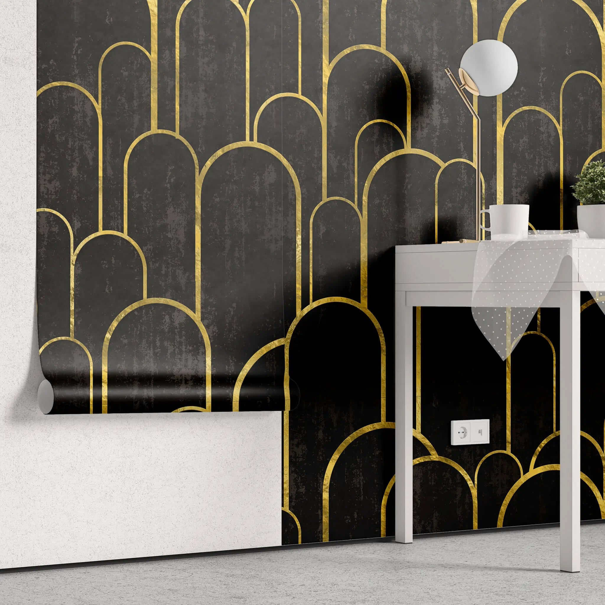 Tapet personalizat art deco cu arcade aurii pe fundal negru texturat in stil art deco golden black arches