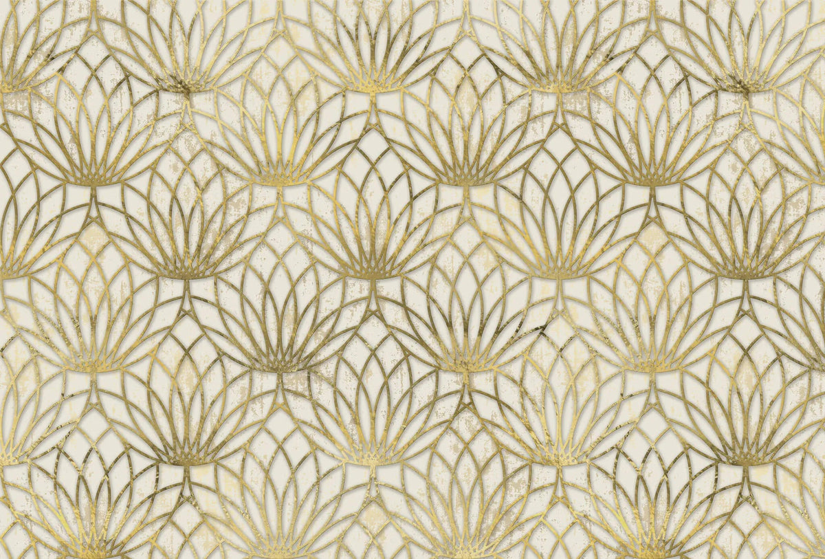 Tapet personalizat art deco cu floare de lotus aurie pe un fundal alb de perete texturat white lotus