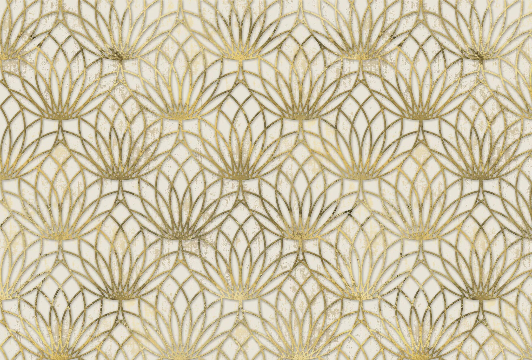 Tapet personalizat art deco cu floare de lotus aurie pe un fundal alb de perete texturat white lotus