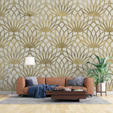 Tapet personalizat art deco cu floare de lotus aurie pe un fundal alb de perete texturat white lotus