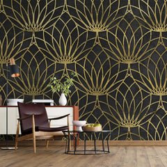 Tapet personalizat art deco cu floare de lotus aurie pe un fundal negru de perete texturat black lotus
