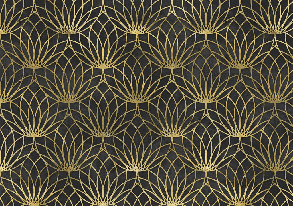 Tapet personalizat art deco cu floare de lotus aurie pe un fundal negru de perete texturat black lotus