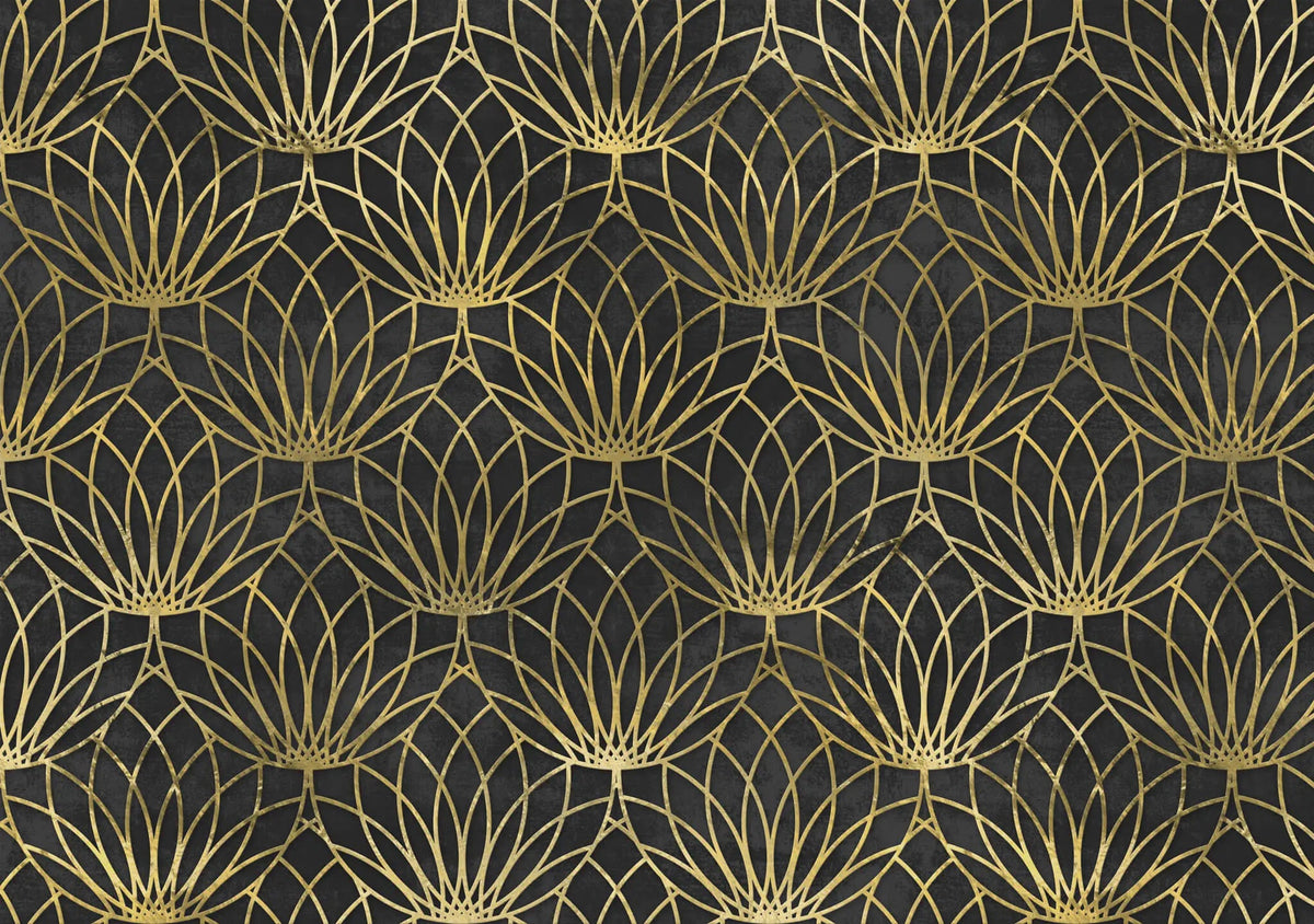 Tapet personalizat art deco cu floare de lotus aurie pe un fundal negru de perete texturat black lotus