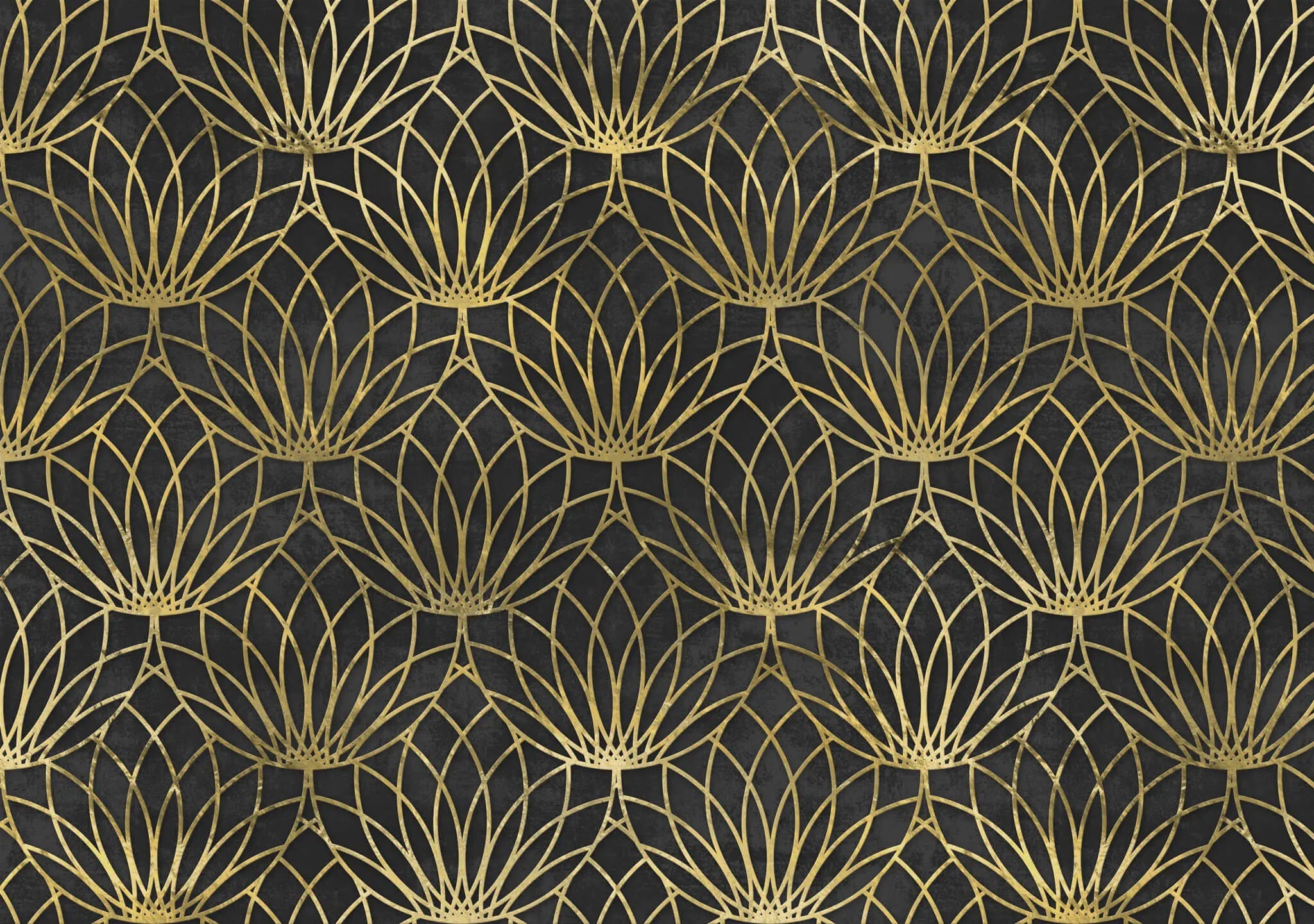 Tapet personalizat art deco cu floare de lotus aurie pe un fundal negru de perete texturat black lotus
