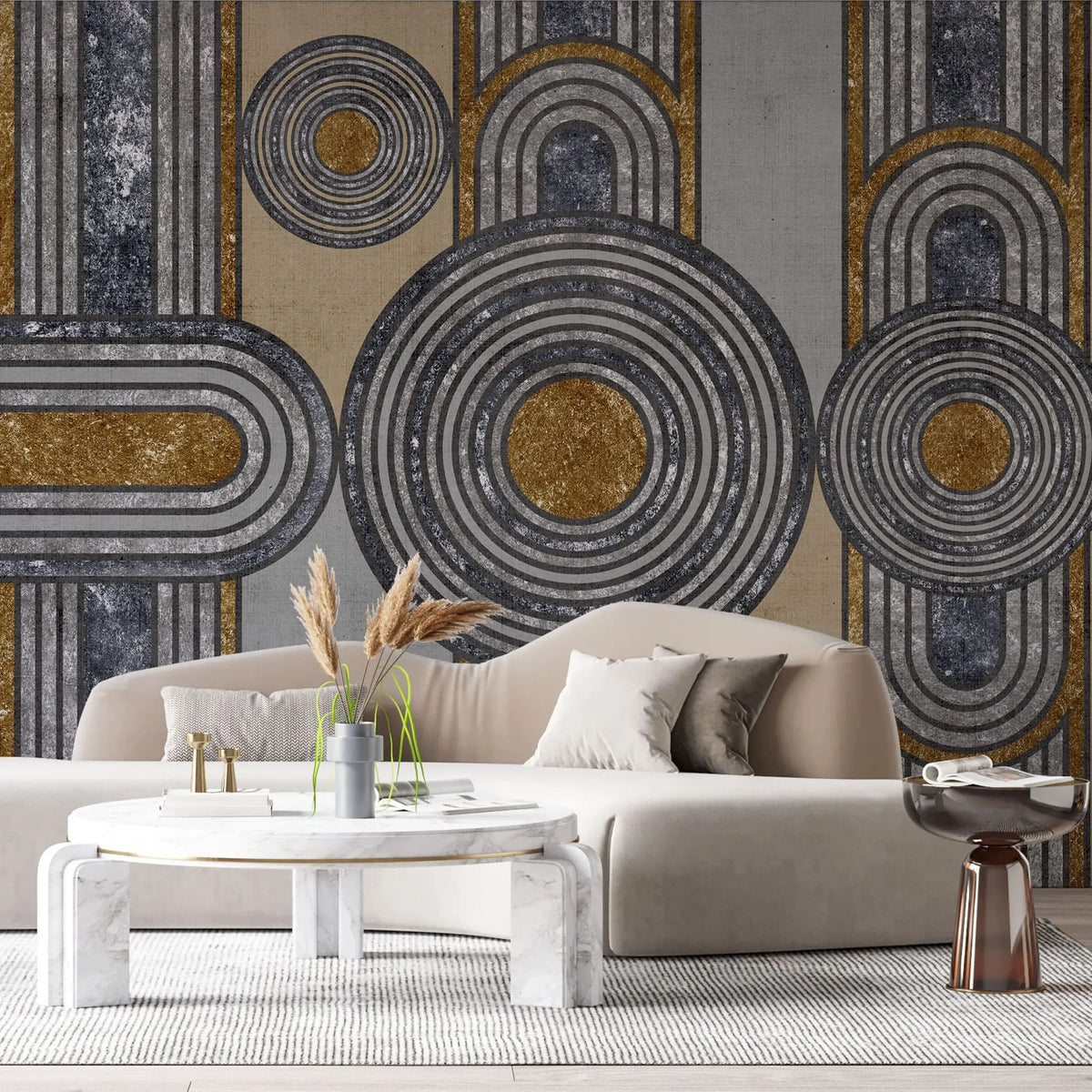 Tapet personalizat art deco cu figuri de inspiratie art deco cu textura de antracit si bronz anthracite