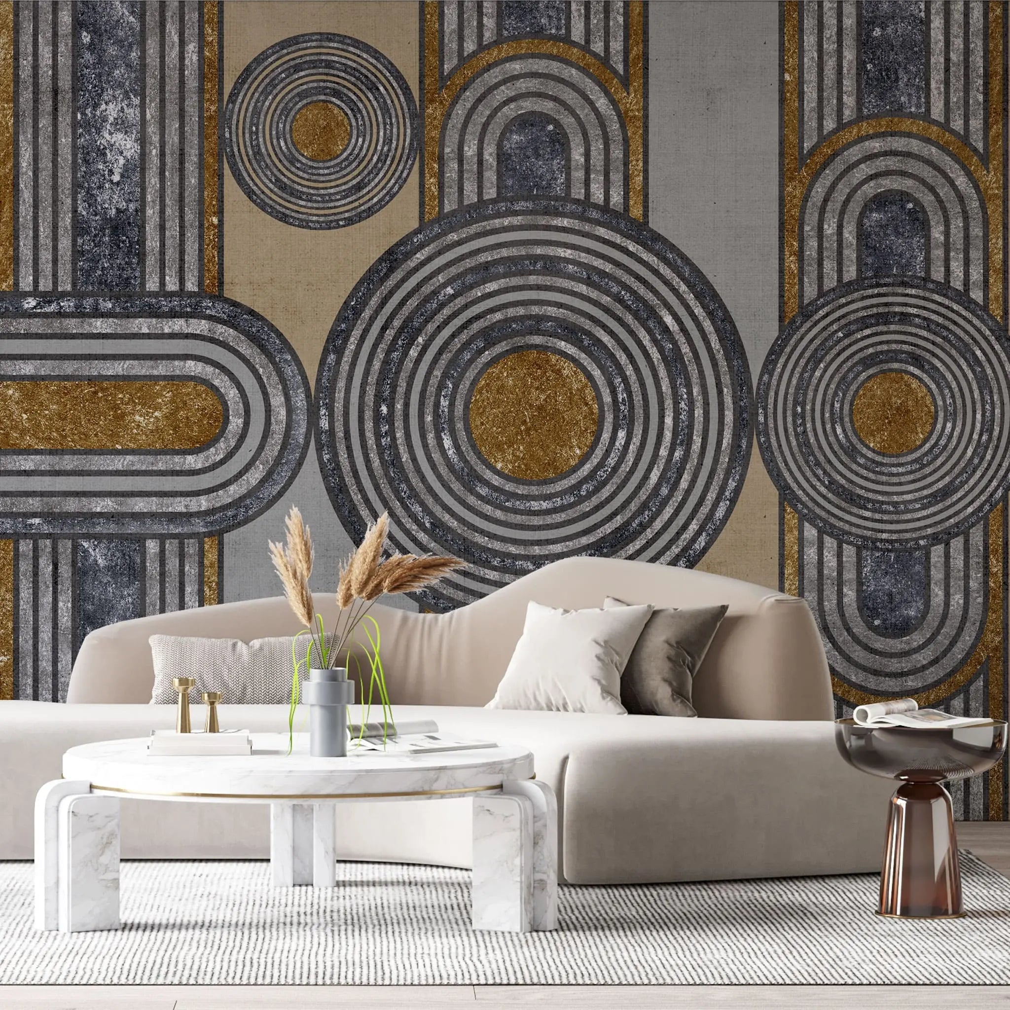 Tapet personalizat art deco cu figuri de inspiratie art deco cu textura de antracit si bronz anthracite