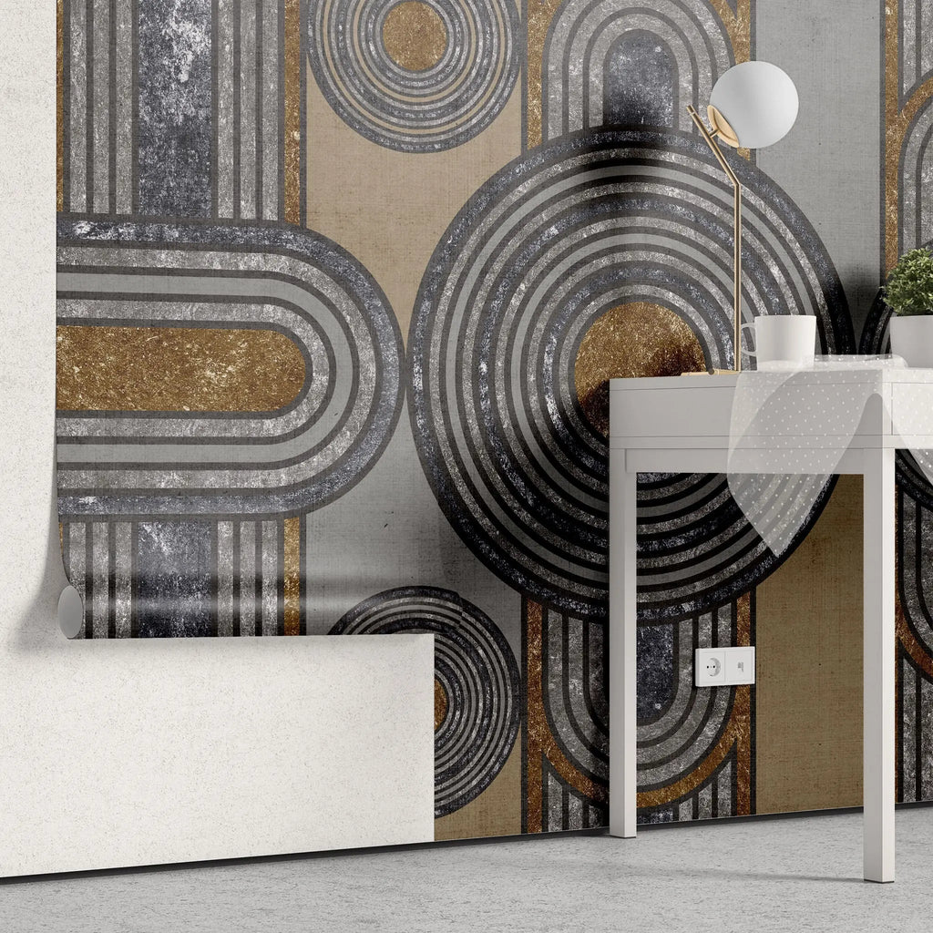 Tapet personalizat art deco cu figuri de inspiratie art deco cu textura de antracit si bronz anthracite