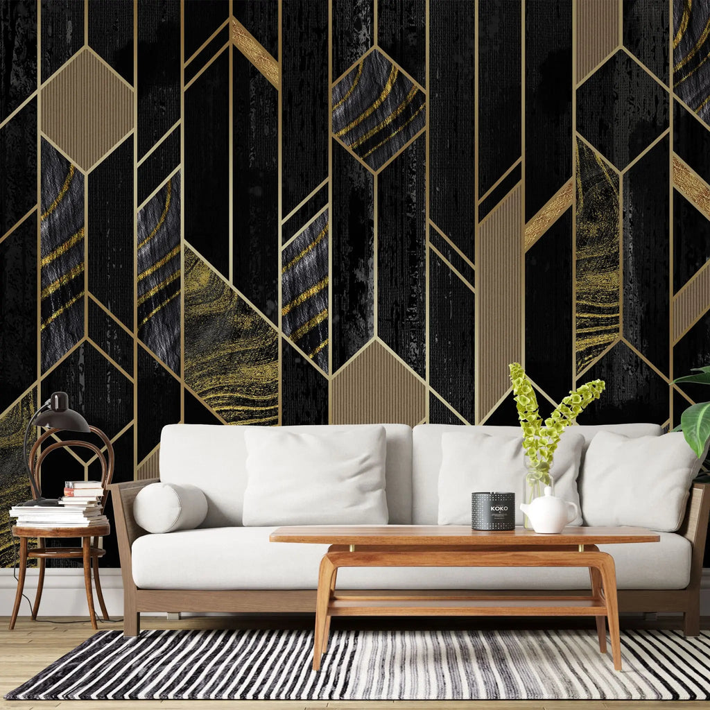 Tapet personalizat art deco de inspiratie art deco in nuante de negru obsidian si detalii aurii obsidian gold