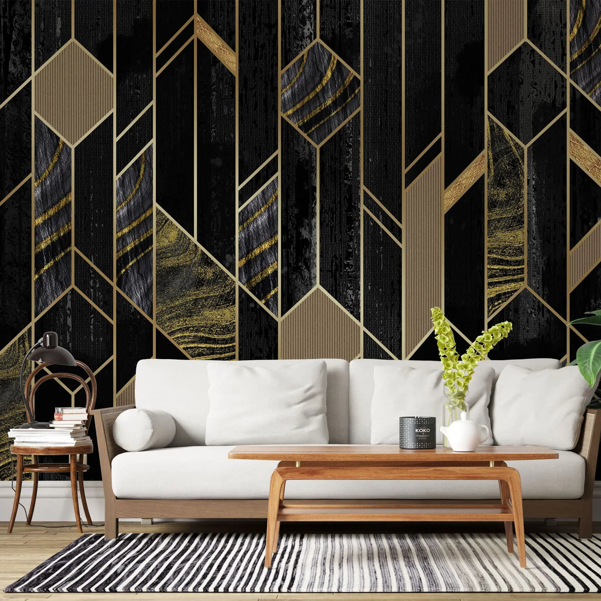 Tapet personalizat art deco de inspiratie art deco in nuante de negru obsidian si detalii aurii obsidian gold