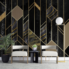 Tapet personalizat art deco de inspiratie art deco in nuante de negru obsidian si detalii aurii obsidian gold