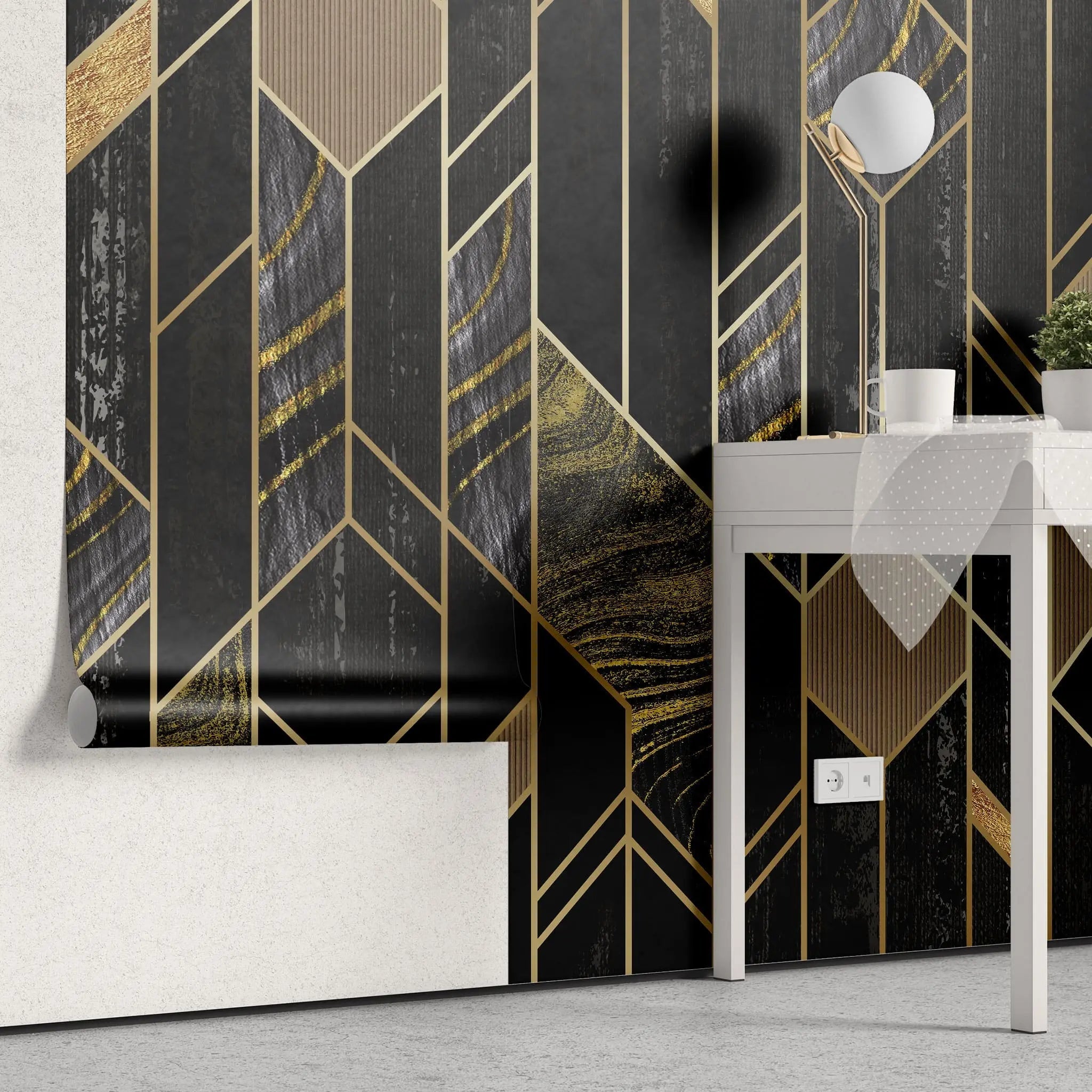 Tapet personalizat art deco de inspiratie art deco in nuante de negru obsidian si detalii aurii obsidian gold