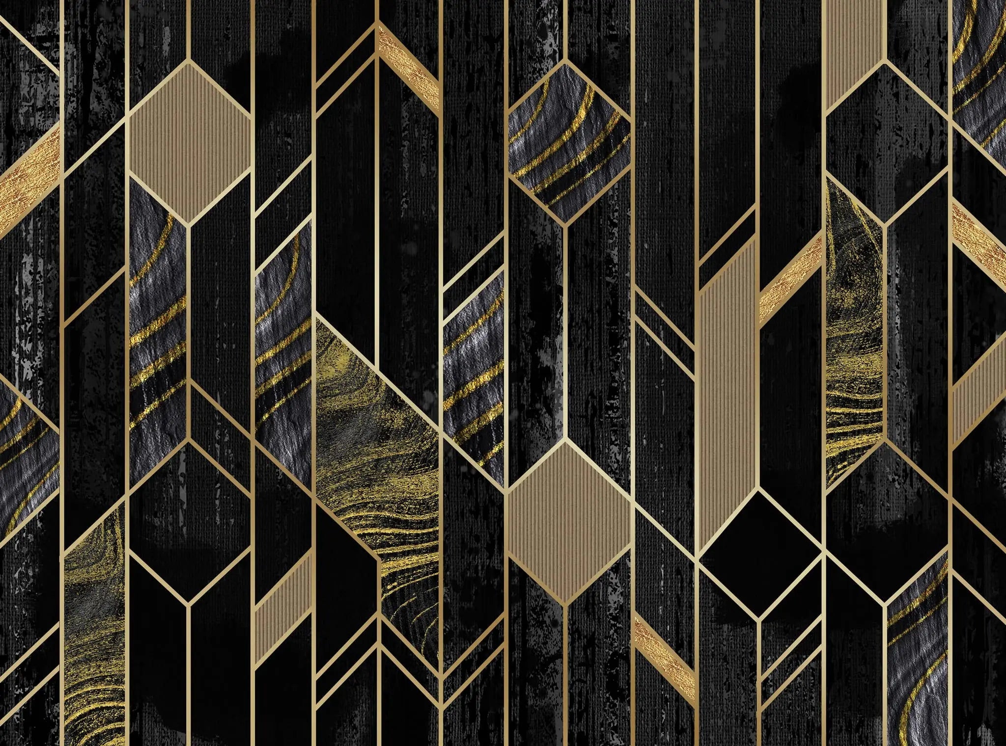 Tapet personalizat art deco de inspiratie art deco in nuante de negru obsidian si detalii aurii obsidian gold