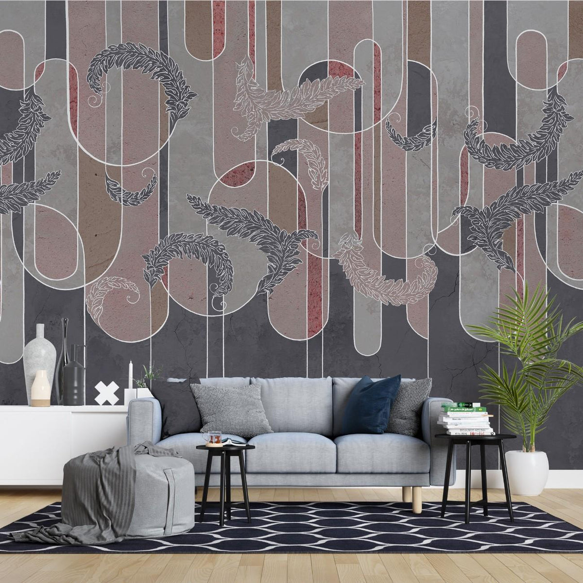 Tapet personalizat art deco in tonuri de gri cu textura cimentata si nuante de roz potrivit unui design de inspiratie moderna eleganta cu accente industriale