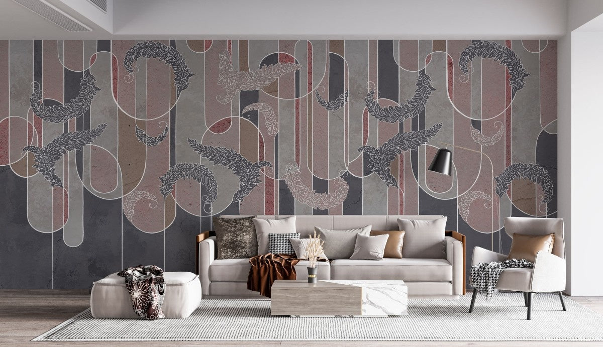 Tapet personalizat art deco in tonuri de gri cu textura cimentata si nuante de roz potrivit unui design de inspiratie moderna eleganta cu accente industriale