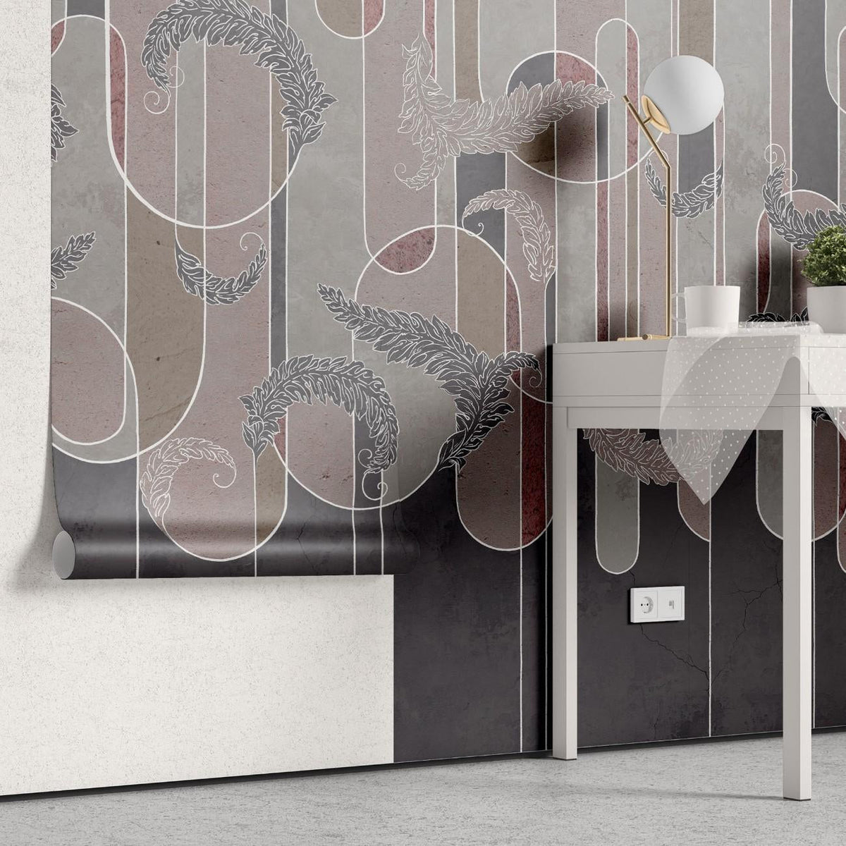 Tapet personalizat art deco in tonuri de gri cu textura cimentata si nuante de roz potrivit unui design de inspiratie moderna eleganta cu accente industriale