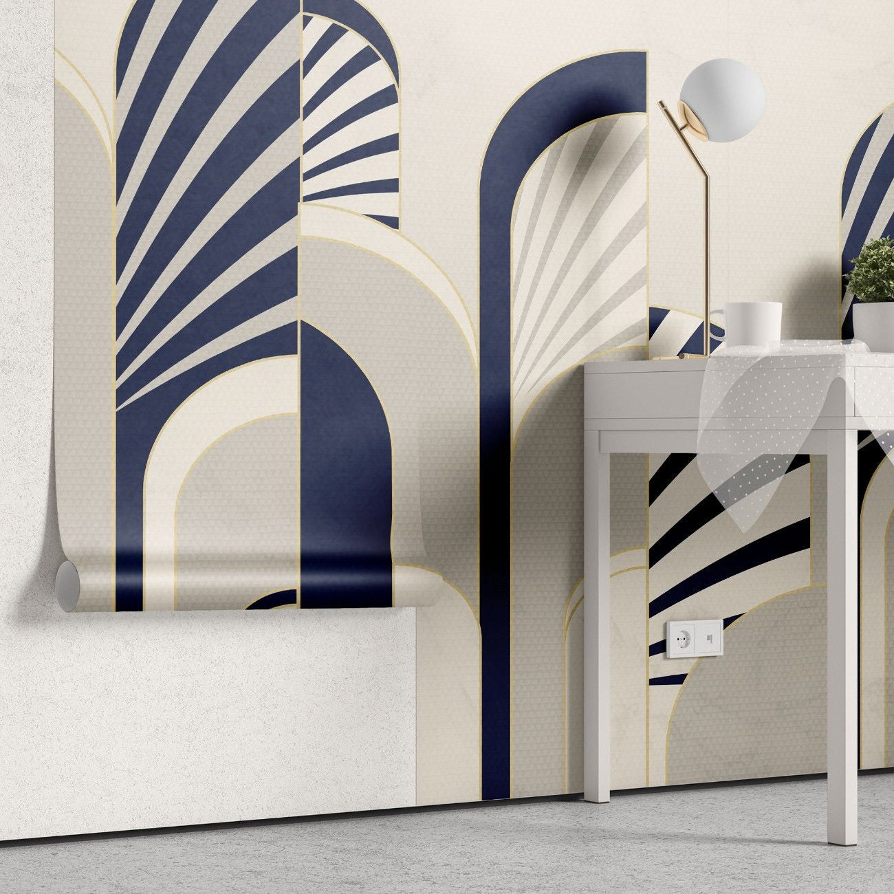 Tapet personalizat art deco cu arcade specifice stilului care combina eleganta art deco cu simplitatea stilului modern si al contrastului indraznet de culoare