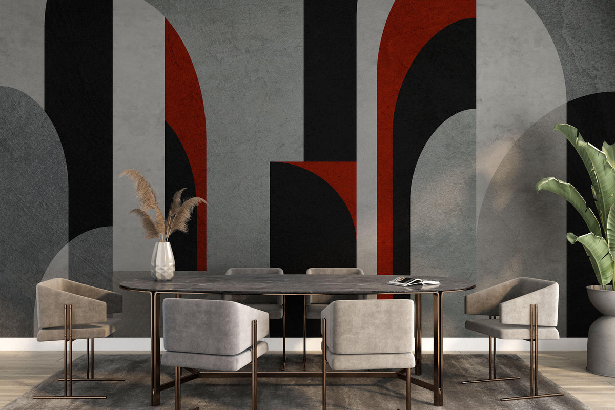 Tapet Personalizat Art Deco cu structuri de arcade in nuante de negru si rosu i fundal texturat - BACCARAT ROUGE