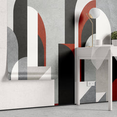 Tapet Personalizat Art Deco cu structuri de arcade in nuante de negru si rosu i fundal texturat - BACCARAT ROUGE