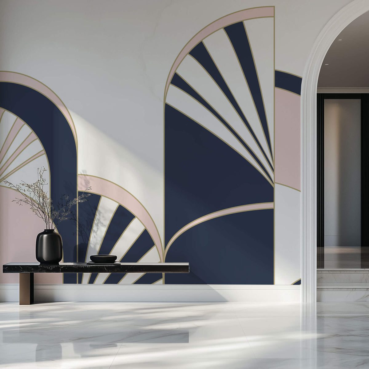 Tapet Personalizat Art Deco cu arcade roz si albastru marin - NAVY PINK