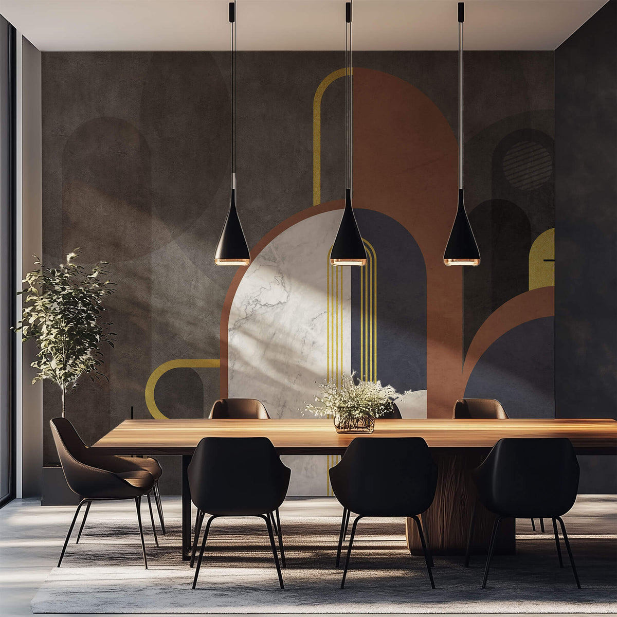 Tapet Personalizat Art Deco cu arcade de marmura insertii aurii si nuante pamantii de fundal - FUTURISTIC ART DECO