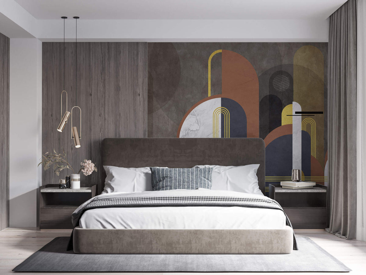 Tapet Personalizat Art Deco cu arcade de marmura insertii aurii si nuante pamantii de fundal - FUTURISTIC ART DECO