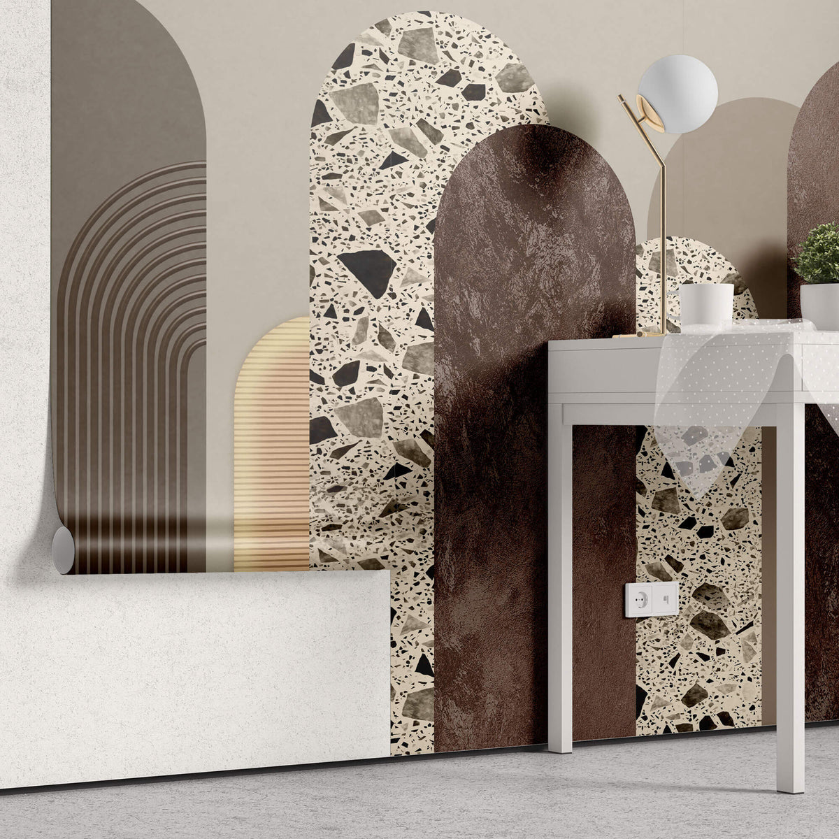 Tapet Personalizat Art Deco cu arcade intr-un mix de texturi de terazzo roca si plaster - TERRAZZO ART DECO