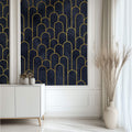 Tapet Personalizat Art Deco arcade cu contur auriu pe un fundal albastru texturat - MIDNIGHT MERMAID