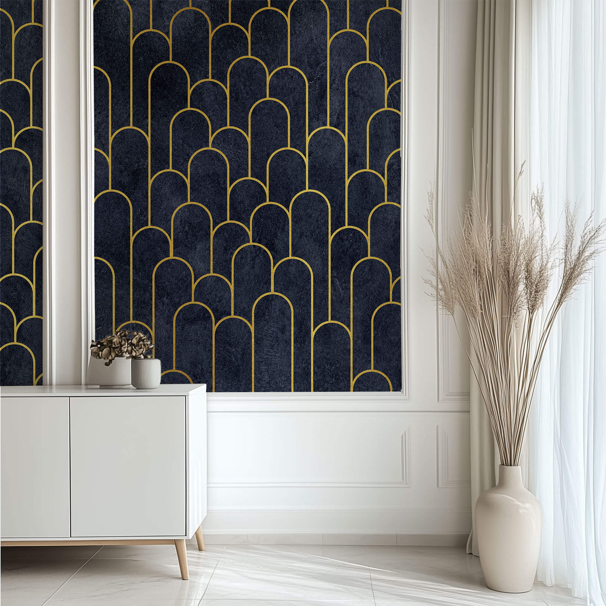 Tapet Personalizat Art Deco arcade cu contur auriu pe un fundal albastru texturat - MIDNIGHT MERMAID