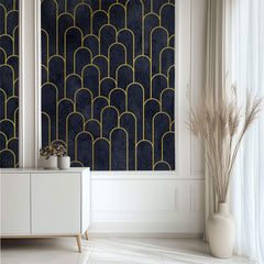 Tapet Personalizat Art Deco arcade cu contur auriu pe un fundal albastru texturat - MIDNIGHT MERMAID