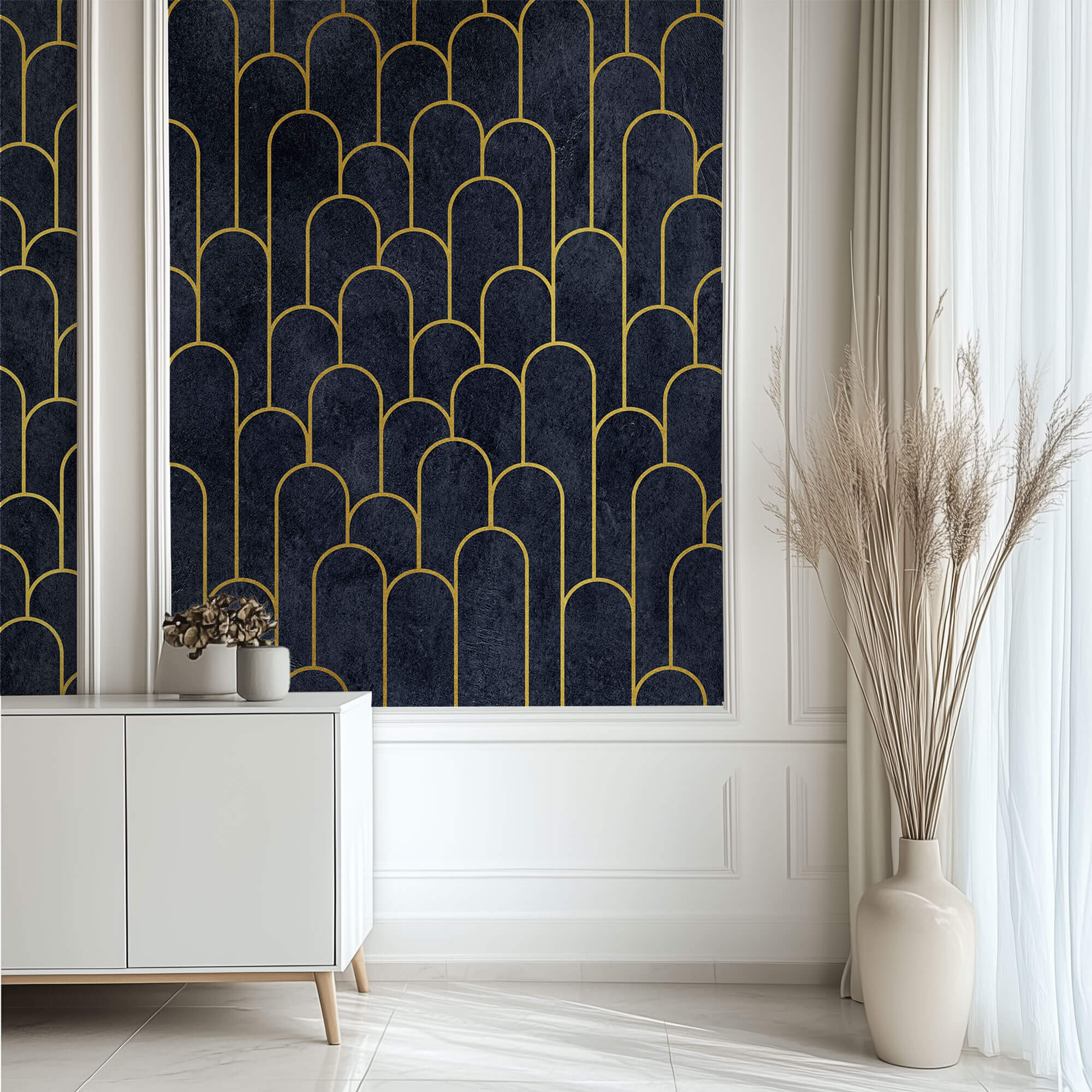 Tapet Personalizat Art Deco arcade cu contur auriu pe un fundal albastru texturat - MIDNIGHT MERMAID
