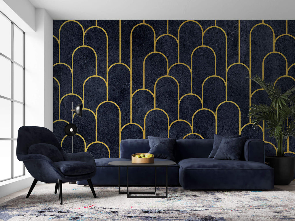 Tapet Personalizat Art Deco arcade cu contur auriu pe un fundal albastru texturat - MIDNIGHT MERMAID