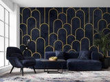 Tapet Personalizat Art Deco arcade cu contur auriu pe un fundal albastru texturat - MIDNIGHT MERMAID