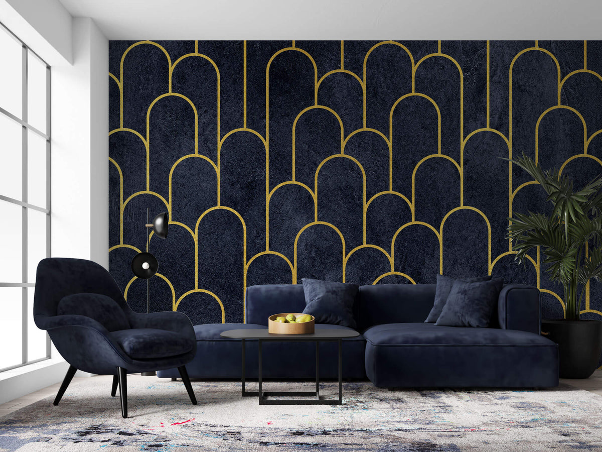 Tapet Personalizat Art Deco arcade cu contur auriu pe un fundal albastru texturat - MIDNIGHT MERMAID