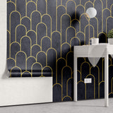 Tapet Personalizat Art Deco arcade cu contur auriu pe un fundal albastru texturat - MIDNIGHT MERMAID