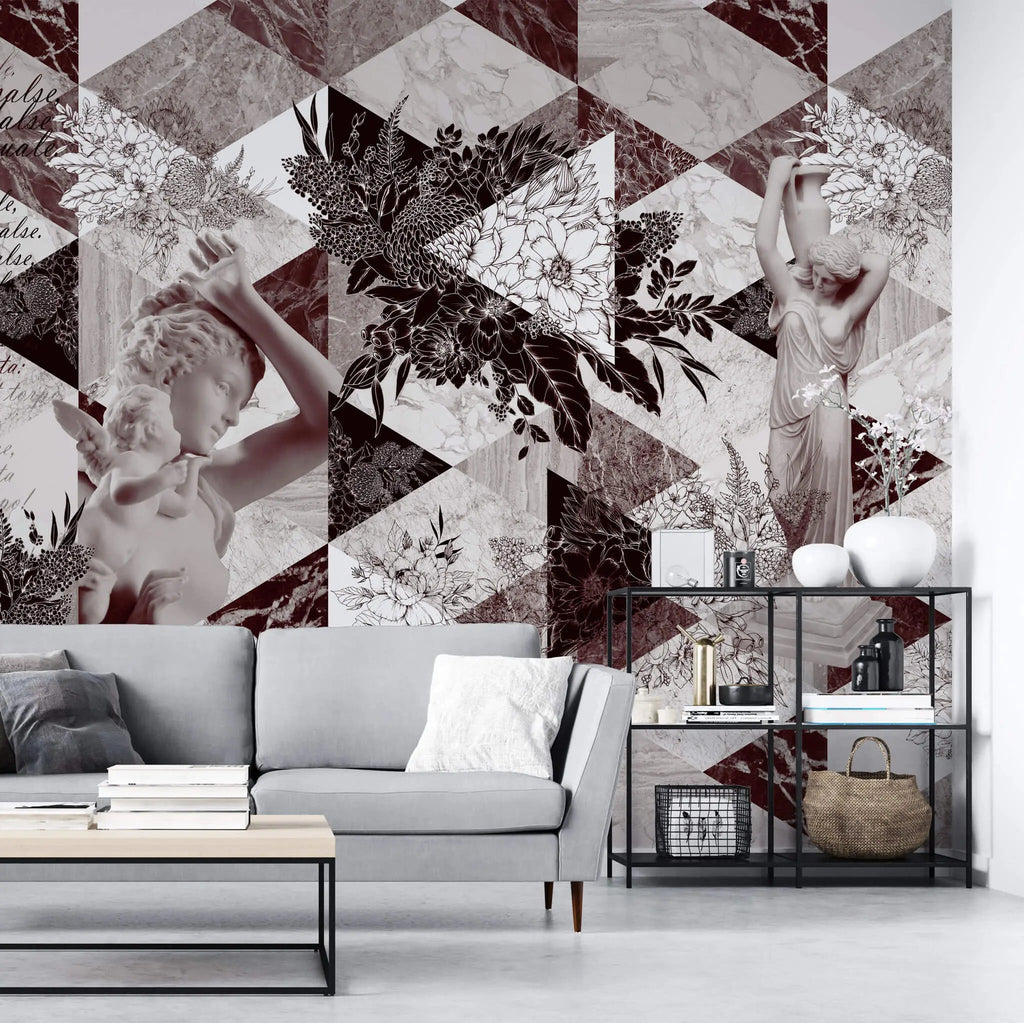 Tapet personalizat eclectic cu motive florale sculpturi si text italian eclectic sculptures