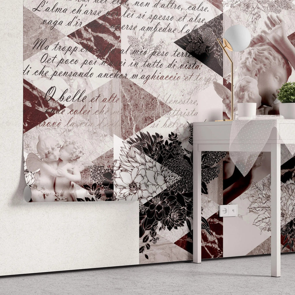 Tapet personalizat eclectic cu motive florale sculpturi si text italian eclectic sculptures