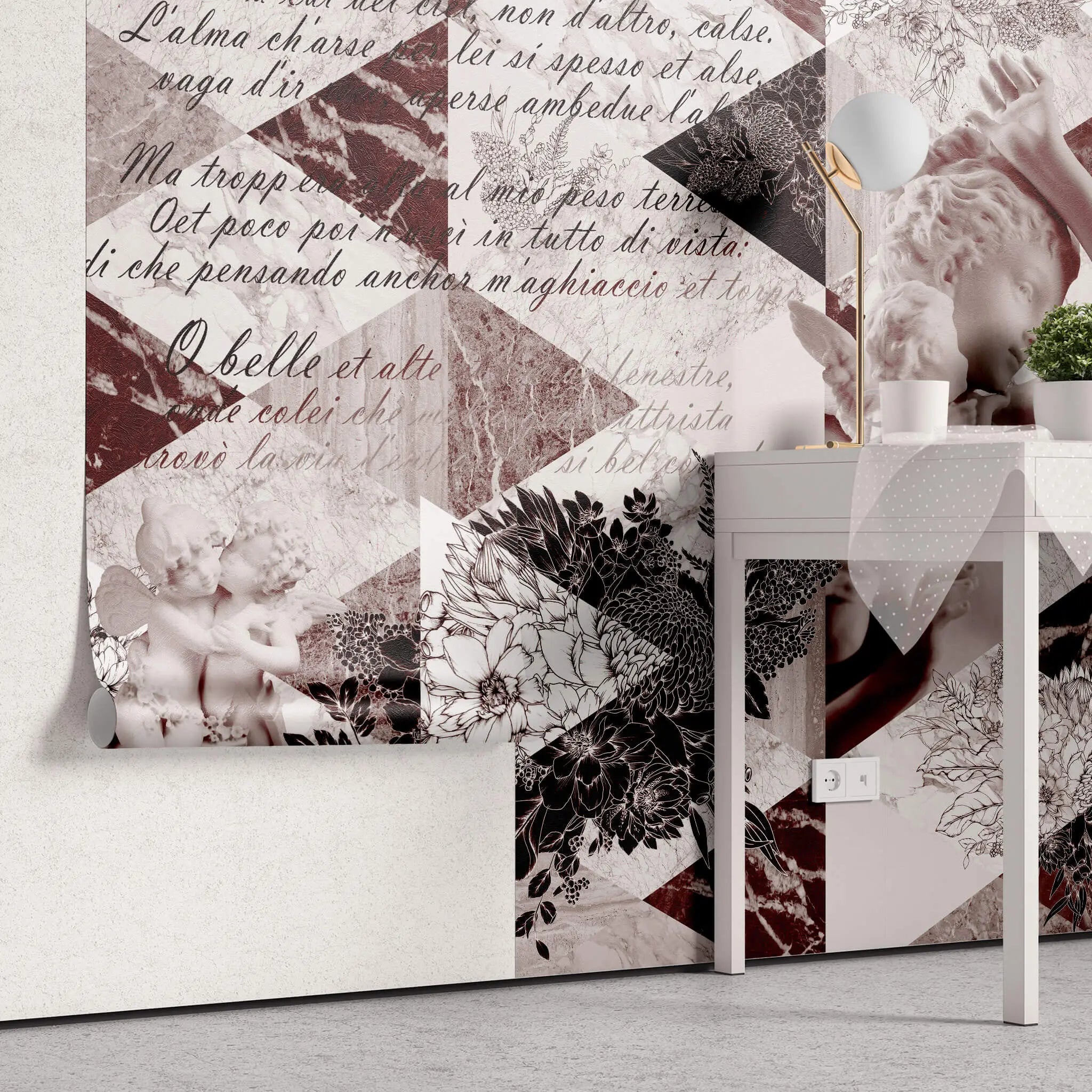 Tapet personalizat eclectic cu motive florale sculpturi si text italian eclectic sculptures