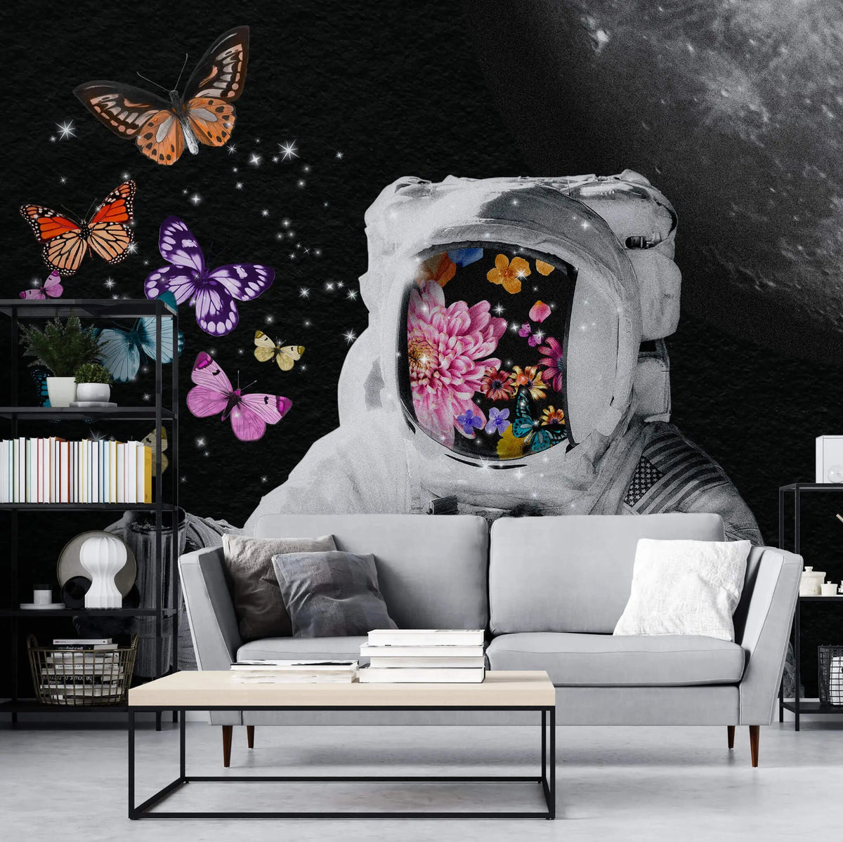 Tapet personalizat eclectic cu astronaut si fluturi colorati in spatiu space butterflies