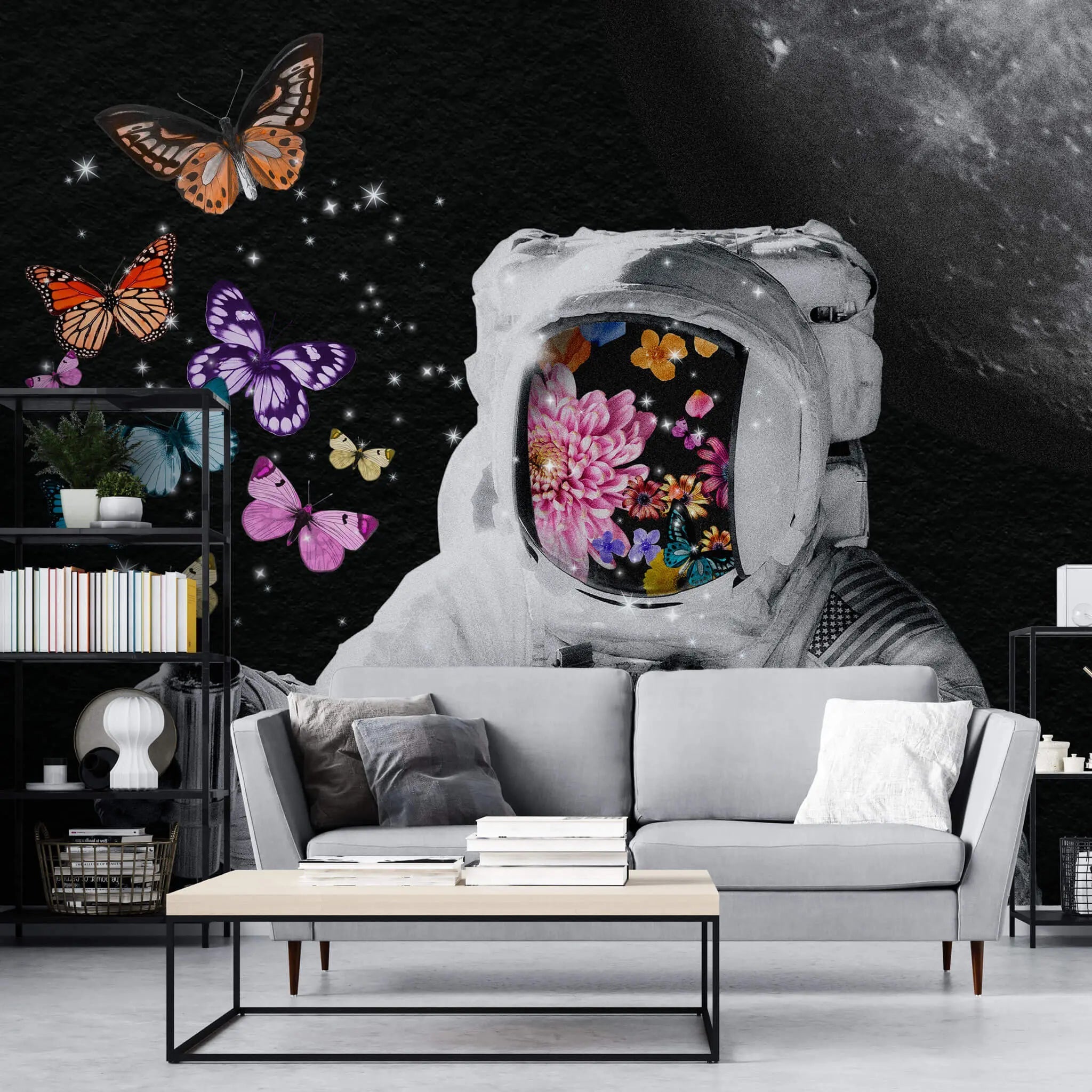 Tapet personalizat eclectic cu astronaut si fluturi colorati in spatiu space butterflies