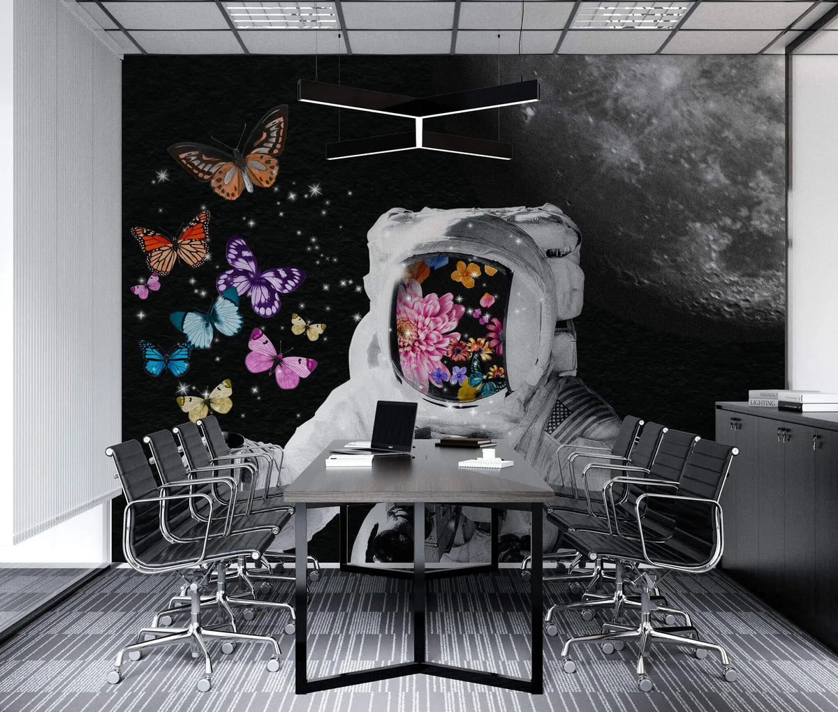 Tapet personalizat eclectic cu astronaut si fluturi colorati in spatiu space butterflies