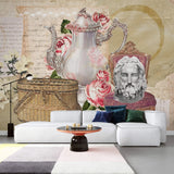 Tapet personalizat eclectic reprezentand un colaj in stil victorian cu aranjament de picnic cu ceainic flori si sculpturi  eclectic tea party