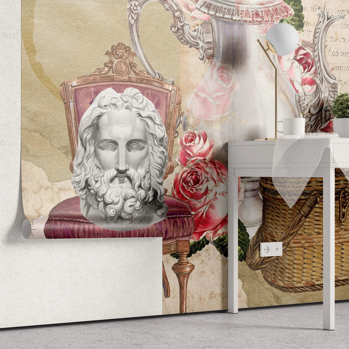 Tapet personalizat eclectic reprezentand un colaj in stil victorian cu aranjament de picnic cu ceainic flori si sculpturi  eclectic tea party
