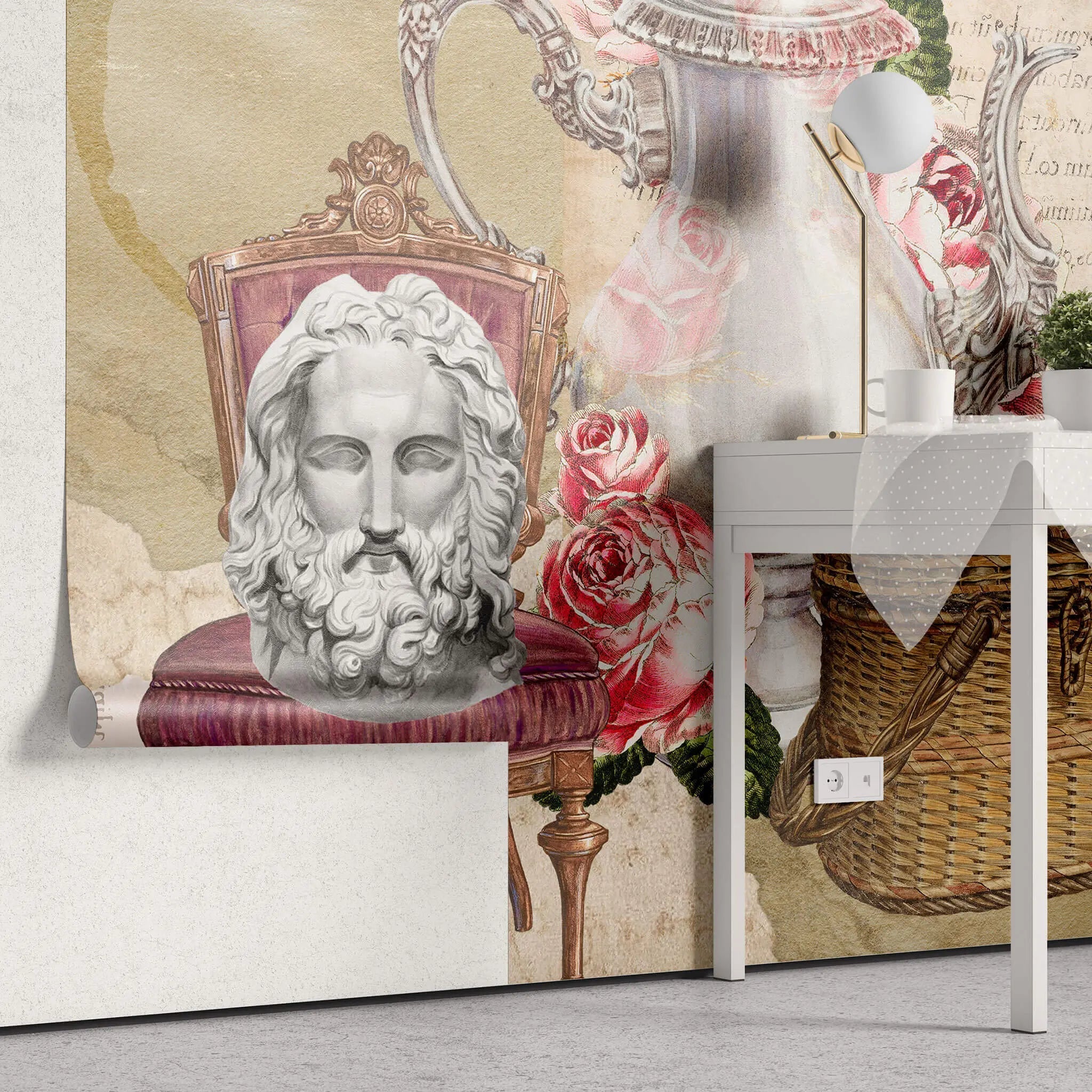 Tapet personalizat eclectic reprezentand un colaj in stil victorian cu aranjament de picnic cu ceainic flori si sculpturi  eclectic tea party