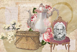 Tapet personalizat eclectic reprezentand un colaj in stil victorian cu aranjament de picnic cu ceainic flori si sculpturi  eclectic tea party