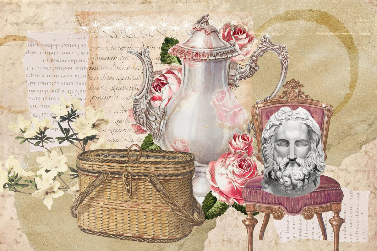 Tapet personalizat eclectic reprezentand un colaj in stil victorian cu aranjament de picnic cu ceainic flori si sculpturi  eclectic tea party
