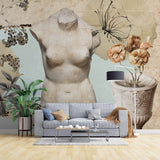 Tapet personalizat eclectic cu bust sculptat din piatra flori si fluturi floral sculpture