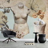 Tapet personalizat eclectic cu bust sculptat din piatra flori si fluturi floral sculpture