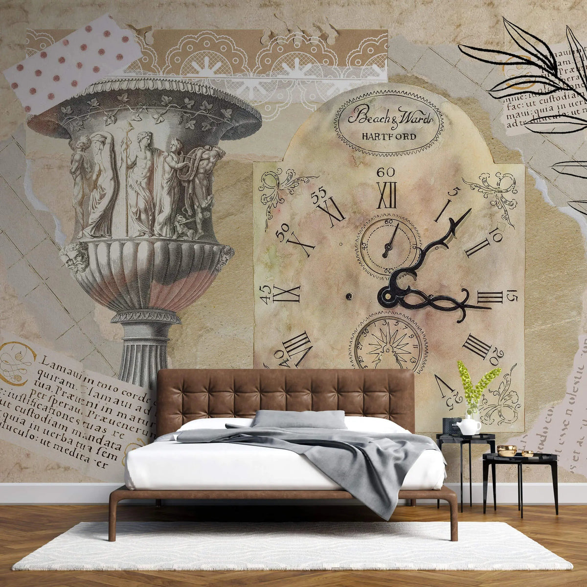 Tapet personalizat eclectic cu un colaj in stil englezesc presarat cu elemente specifice: ceas de epoca sculpturi dantela si texte in latina eclectic clock